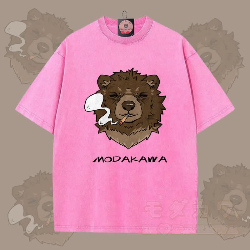 MODAKAWA Smoking Bear Grafik Unisex Vintage Washed T-Shirt - Rosenrot - 5XL - image 8