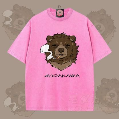MODAKAWA Smoking Bear Grafik Unisex Vintage Washed T-Shirt - Rosenrot - 5XL - image 8