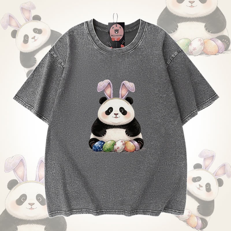 Modakawa Unisex Vintage Washed T-Shirt mit Ostereier-Panda-Motiv - Grey - 5XL - image 6