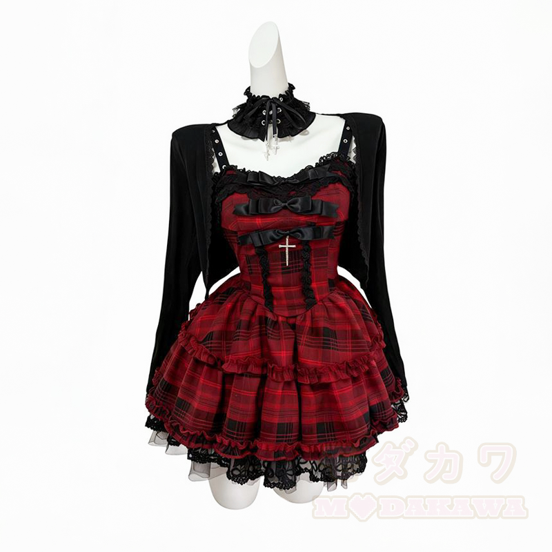 Süßes kariertes Spitzenkleid mit Rüschen und langärmeliger Strickjacke (zweiteiliges Set) - Satz - XL - image 7