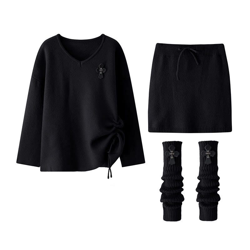 Dreiteiliges Set aus Strickoberteil, Rock und Beinwärmern mit Kordelzug - Schwarz - XL - image 3