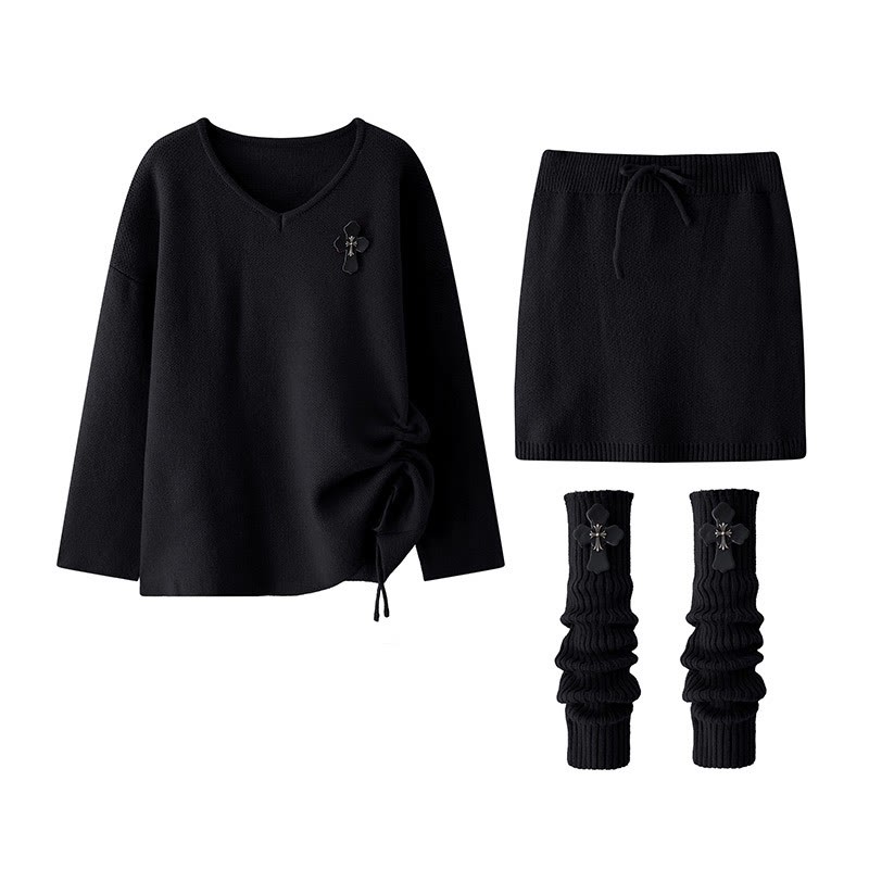 Dreiteiliges Set aus Strickoberteil, Rock und Beinwärmern mit Kordelzug - Schwarz - XL - image 3