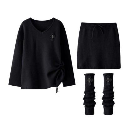 Dreiteiliges Set aus Strickoberteil, Rock und Beinwärmern mit Kordelzug - Schwarz - XL - image 3