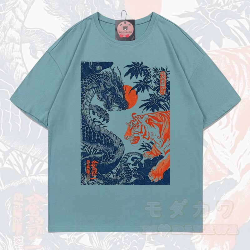 MODAKAWA Sommer-T-Shirt mit Drachen- und Tigerprint, lockere Passform, Kurzarm - Lake Blue - 5XL - image 9