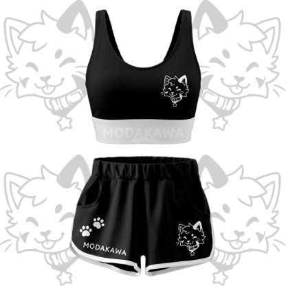 Kitty Graphic Crop Tank Sport Top Shorts Bikini Modakawa Matching Outfit - Black Set - 5XL - image 13