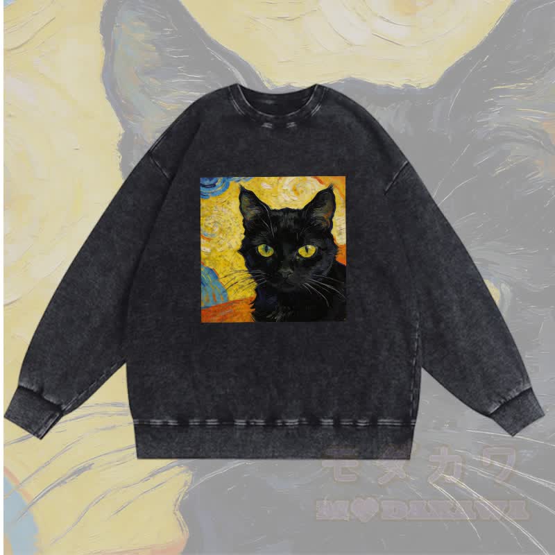 MODAKAWA Unisex-Sweatshirt mit schwarzem Katzenporträt-Grafik im Vintage-Stil - Schwarz - 3XL - image 4