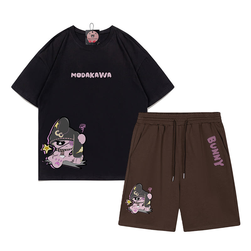 Unhappy Bunny Grafik Dunkle Ästhetik T-Shirt Shorts Zweiteiliges Set - Schwarz&Braun - B - 5XL - image 14