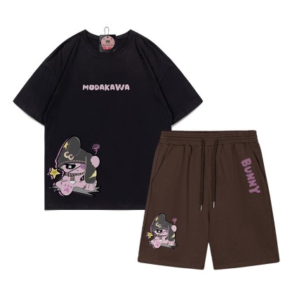 Unhappy Bunny Grafik Dunkle Ästhetik T-Shirt Shorts Zweiteiliges Set - Schwarz&Braun - B - 5XL - image 14
