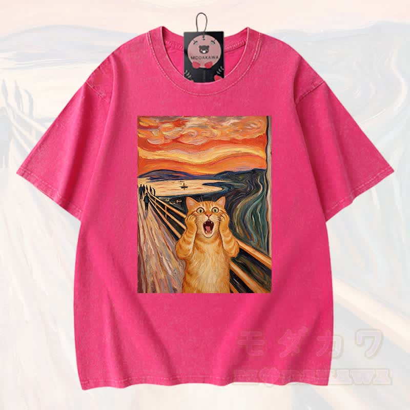 MODAKAWA T-Shirt aus 100 % Baumwolle mit niedlichem Katzenmotiv im Vintage-Stil - Rosenrot - 3XL - image 8
