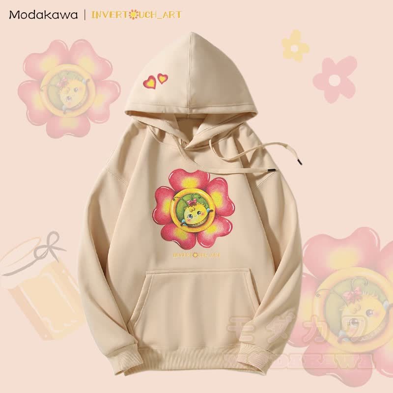 MODAKAWA X INVERTOUCH_ART Fleecegefütterter Hoodie mit Blumen-Bienen-Grafik - Khaki - 5XL - image 5