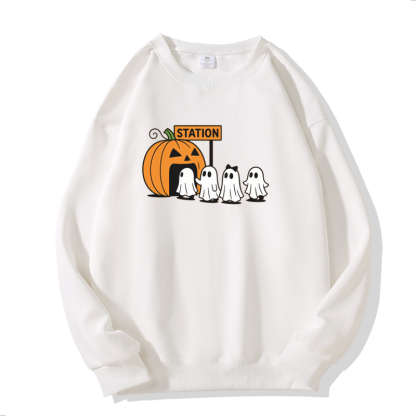 Sweatshirt mit Kürbis-Geister-Print und Rundhalsausschnitt - White - 5XL - image 4