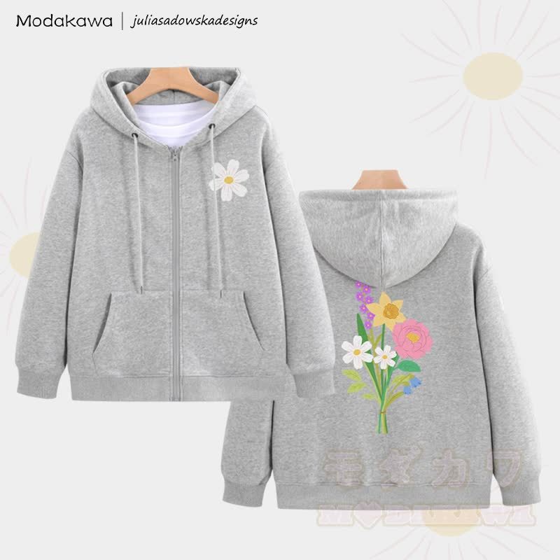 MODAKAWA X juliasadowskadesigns Kapuzenpullover mit floralem Grafikprint und Reißverschluss - Grau - 5XL - image 3