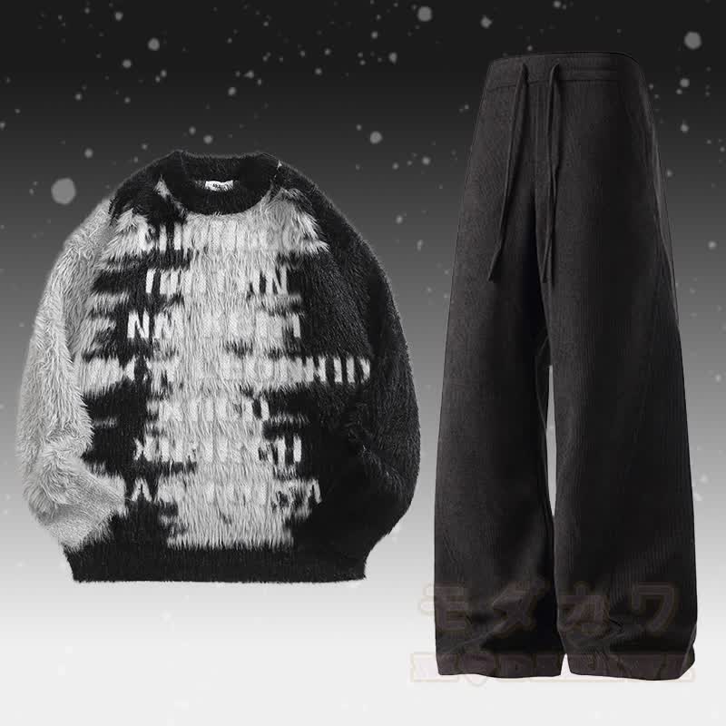 Zweiteiler: Pullover mit Buchstabenmuster, flauschiger Farben , Cordhose - Satz C - 2XL - image 3