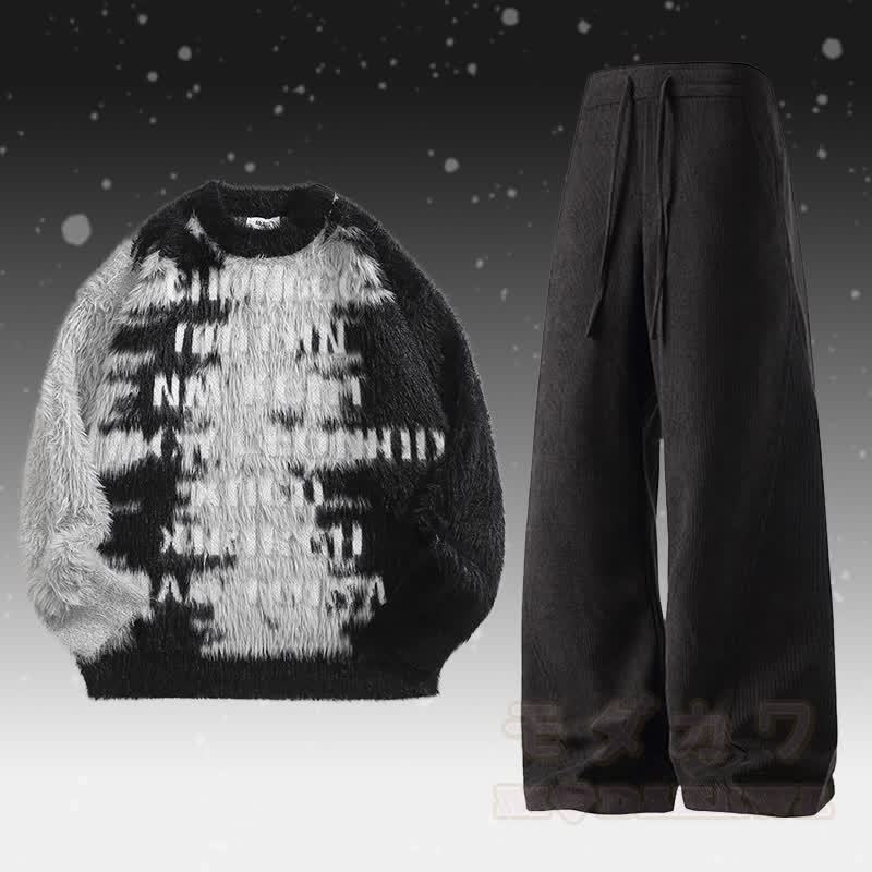 Zweiteiler: Pullover mit Buchstabenmuster, flauschiger Farben , Cordhose - Satz C - 2XL - image 3