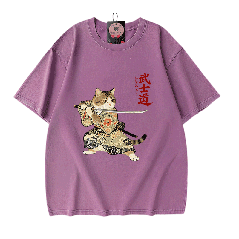 Samurai-Katzen-Grafik Modakawa Vintage gewaschenes T-Shirt aus 100 % Baumwolle - Purple - 5XL - image 6