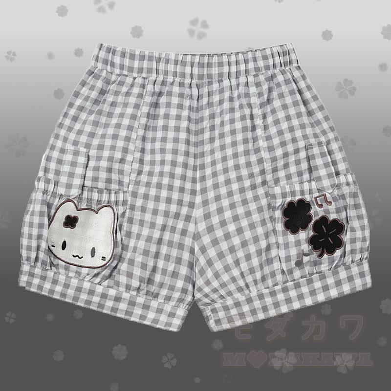 Polka Dot Cat Graphic One Shoulder T-Shirt Kitty Gingham Shorts Modakawa Matching Outfit - Graue Shorts - L - image 5
