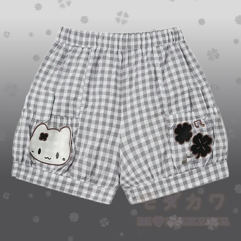 Polka Dot Cat Graphic One Shoulder T-Shirt Kitty Gingham Shorts Modakawa Matching Outfit - Graue Shorts - L - image 5