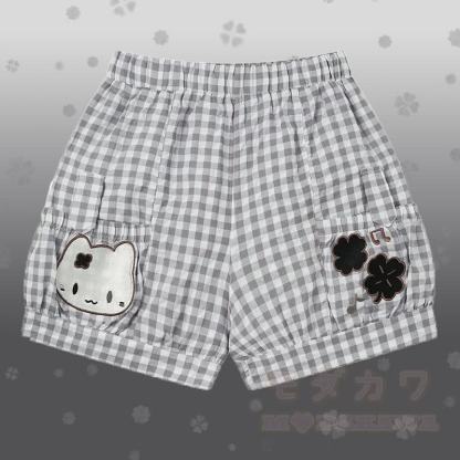 Polka Dot Cat Graphic One Shoulder T-Shirt Kitty Gingham Shorts Modakawa Matching Outfit - Graue Shorts - L - image 5