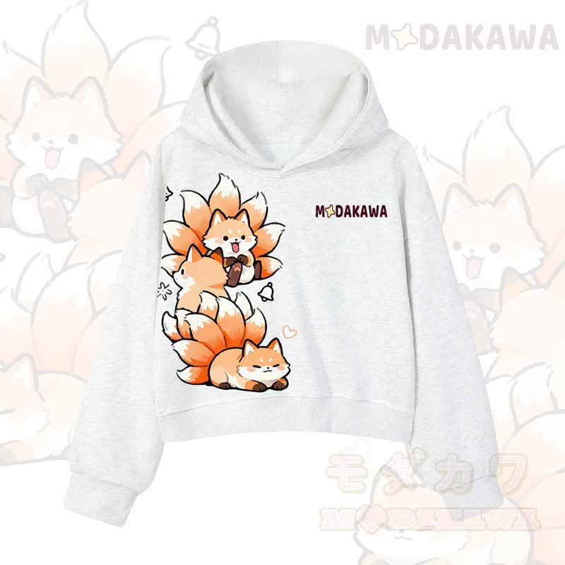 MODAKAWA Cropped Cotton Hoodie mit niedlichem Fuchs-Motiv - Hellgrau - 3XL - image 9