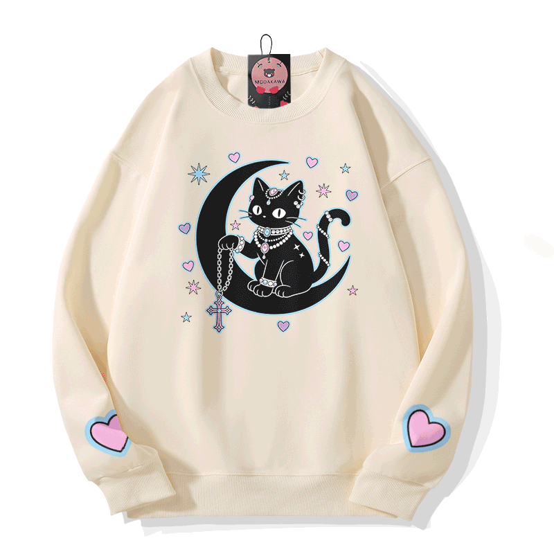 Modakawa Sweatshirt mit Astrologie-Motiv und schwarzer Katze - Beige - 5XL - image 3