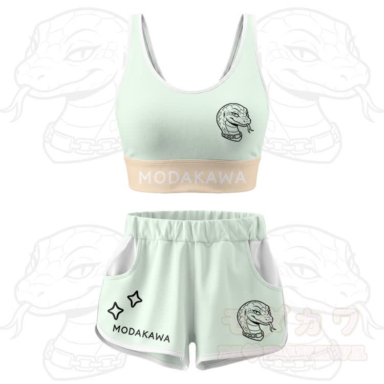 Crop-Top mit Schlangenmuster, Sporttop und Shorts, Modakawa-Kombinationsoutfit - Grünes Set - 5XL - image 13