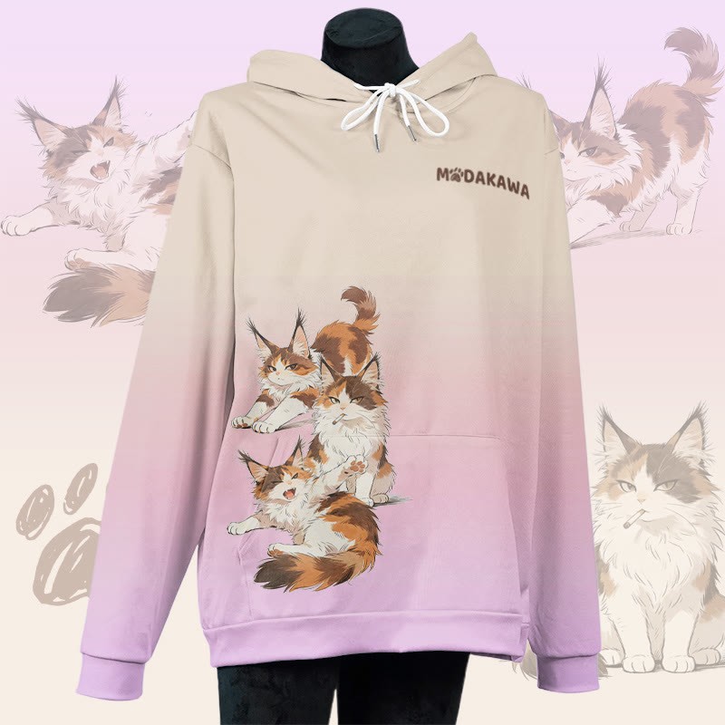 MODAKAWA Pullover-Hoodie mit rauchender Katze und Allover-Print - Beige&Purple - 8XL - image 4