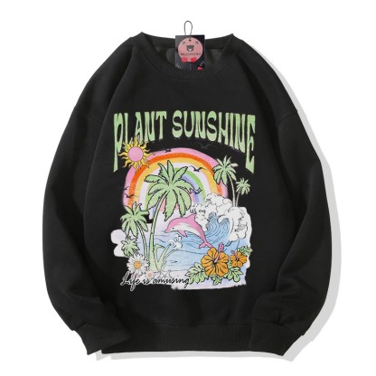 Modakawa Sweatshirt mit Baum- und Meeresprint und Rundhalsausschnitt - Black - 5XL - image 6