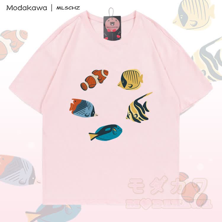 MODAKAWA X MLSCHZ Fischgrafik T-Shirt aus 100 % Baumwolle, passende Shorts mit Farbverlauf - Hellrosa T-Shirt - 5XL - image 6