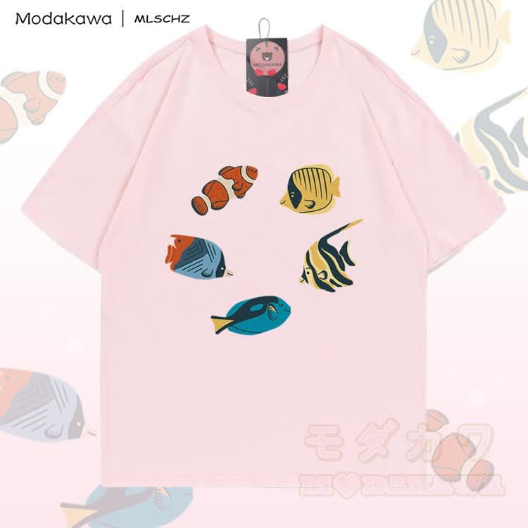 MODAKAWA X MLSCHZ Fischgrafik T-Shirt aus 100 % Baumwolle, passende Shorts mit Farbverlauf - Hellrosa T-Shirt - 5XL - image 6