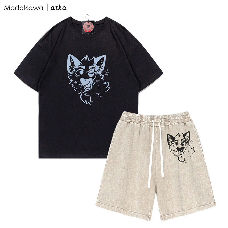 MODAKAWA X atka Verspieltes T-Shirt mit Fuchsgesicht-Grafik und verwaschenen Vintage-Shorts, zweiteiliges Set - Black&Apricot - 3XL - image 4