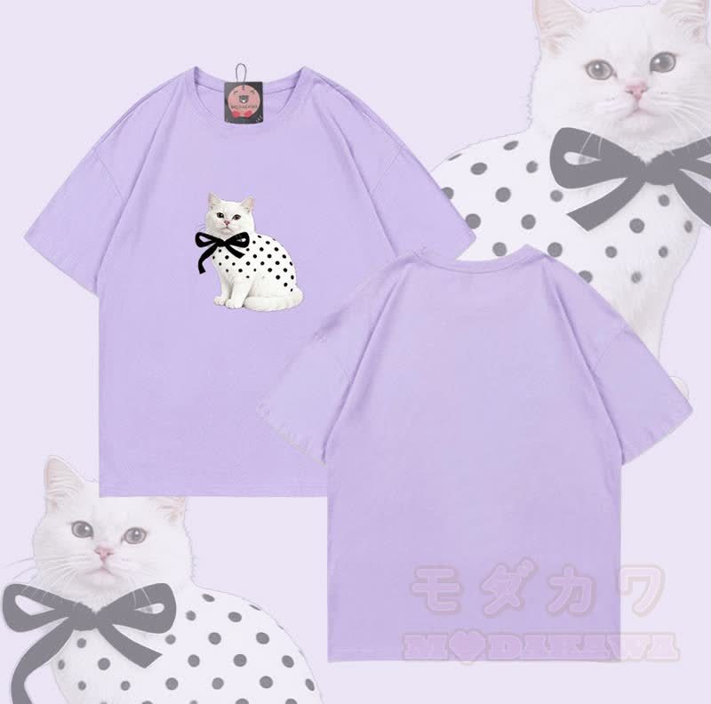Modakawa T-Shirt aus 100 % Baumwolle mit Katzenmotiv und Polka-Dots - Lila - 5XL - image 5