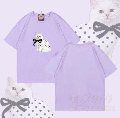 Modakawa T-Shirt aus 100 % Baumwolle mit Katzenmotiv und Polka-Dots - Lila - 5XL - image 5
