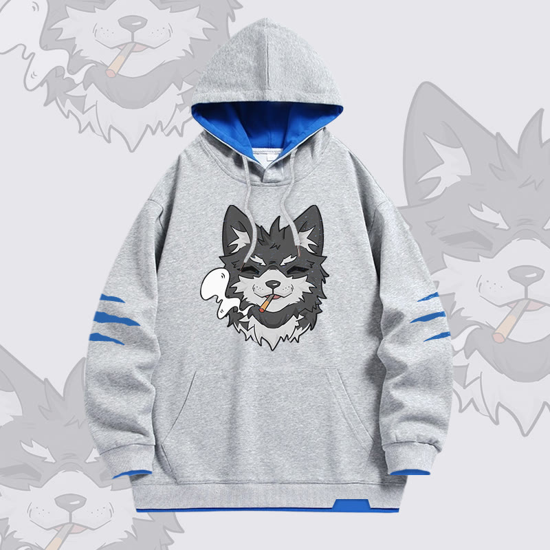 KODA Smoking Puppy Grafik Modakawa Oversized Pullover Hoodie mit Kontrastfutter - Grey - 4XL - image 3