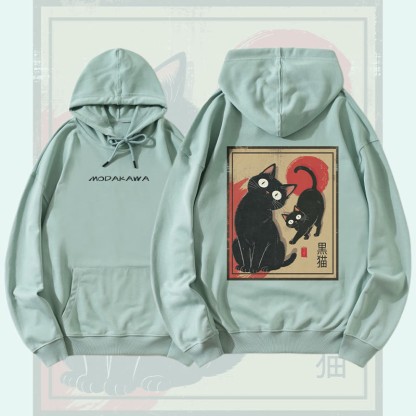 MODAKAWA Streetwear-Pullover-Hoodie mit Grafik einer schwarzen Katze mit großen Augen - Green - 5XL - image 3