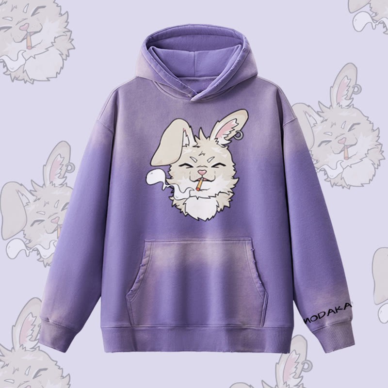 MODAKAWA Smoking Bunny Grafik Vintage Washed Fleece Lined Hoodie - Purple - 2XL - image 8