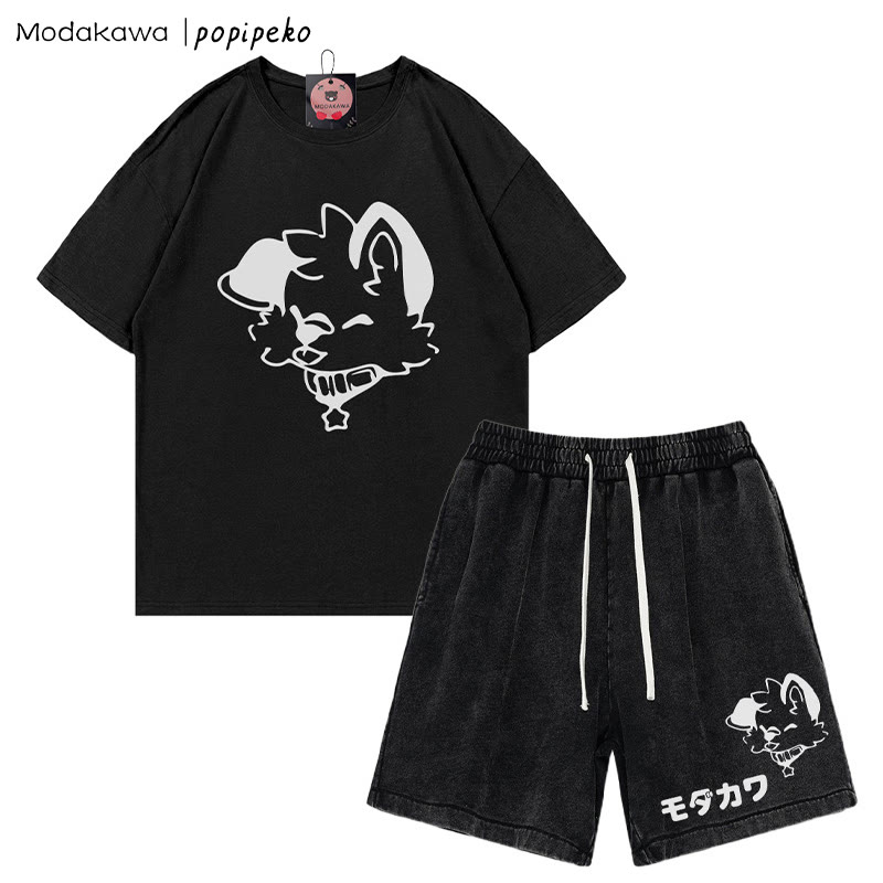 MODAKAWA X popipeko Puppy Letter T-Shirt und Vintage Washed Shorts Zweiteiliges Set - Black - 3XL - image 11