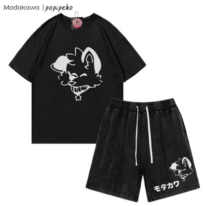 MODAKAWA X popipeko Puppy Letter T-Shirt und Vintage Washed Shorts Zweiteiliges Set - Black - 3XL - image 11