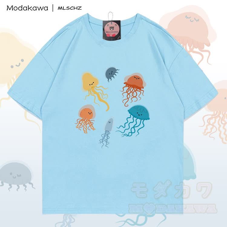 MODAKAWA X MLSCHZ Quallen-Grafik T-Shirt aus 100 % Baumwolle, passende Shorts mit Farbverlauf - Himmelblaues T-Shirt - 5XL - image 4
