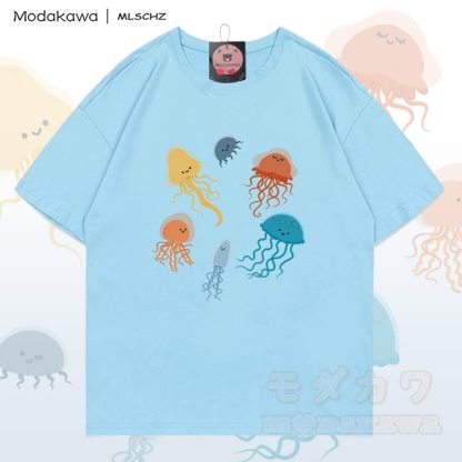 MODAKAWA X MLSCHZ Quallen-Grafik T-Shirt aus 100 % Baumwolle, passende Shorts mit Farbverlauf - Himmelblaues T-Shirt - 5XL - image 4
