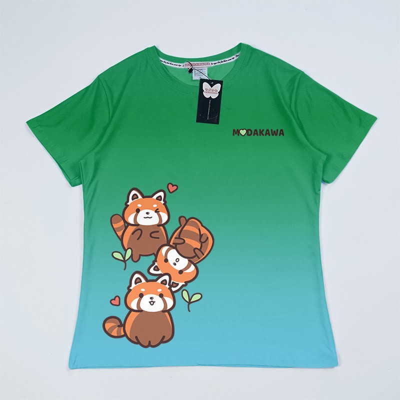 T-Shirt mit Farbverlauf und Roter Panda Grafik - Grün B - 5XL - image 3