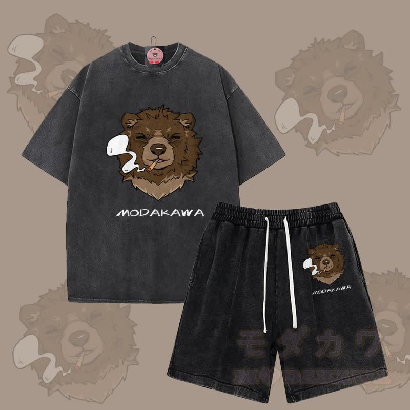 MODAKAWA Smoking Bear Grafik Vintage Washed T-Shirt Shorts Zweiteiliges Set - Schwarz - 3XL - image 6