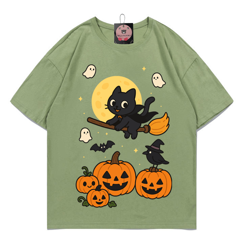 Purranormal Fliegende Katze Hexe Halloween Grafik T-Shirt - Green - 5XL - image 7