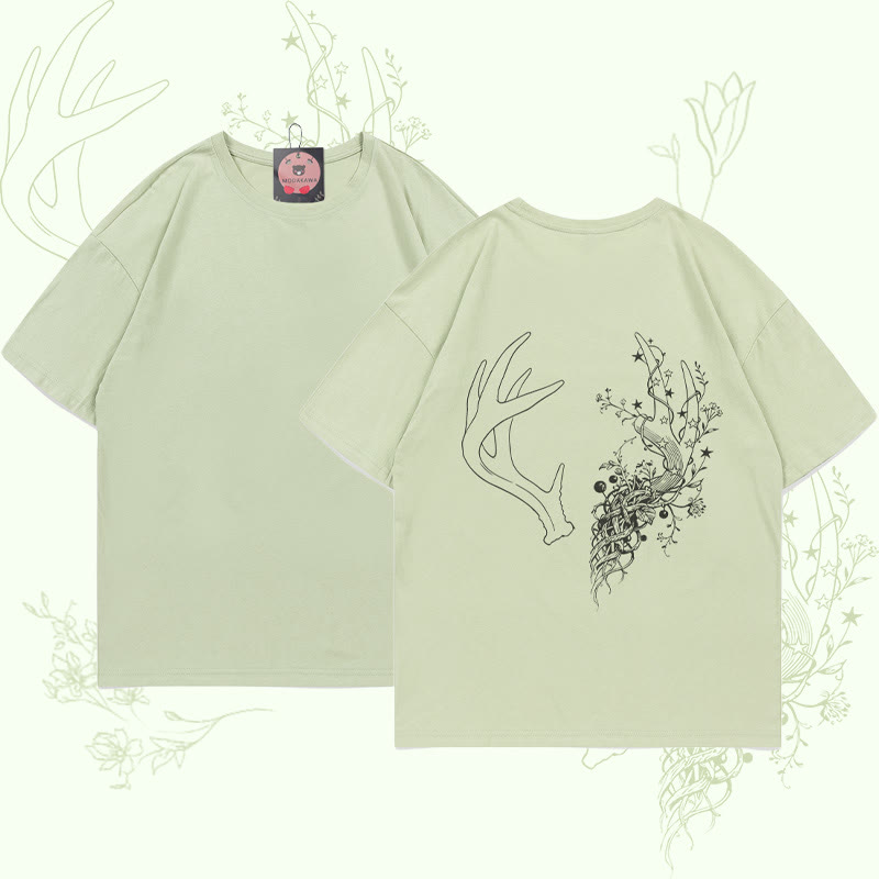 MODAKAWA T-Shirt mit Blumen- und Geweihgrafik - Light Green - 5XL - image 2