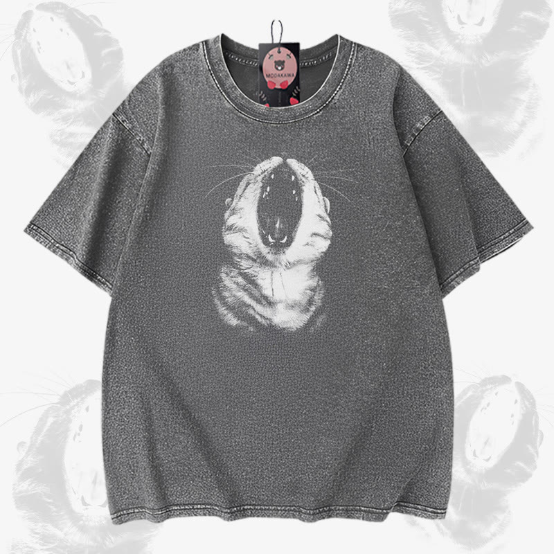 Modakawa Vintage T-Shirt mit Katzenmaul-Motiv, gewaschen aus 100 % Baumwolle - Grey - 5XL - image 3