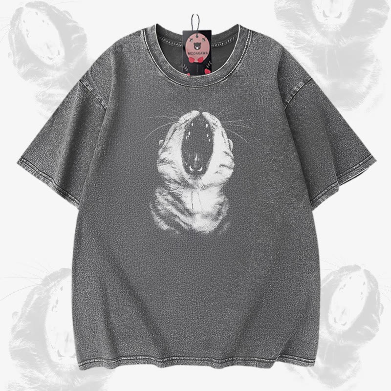 Modakawa Vintage T-Shirt mit Katzenmaul-Motiv, gewaschen aus 100 % Baumwolle - Grey - 5XL - image 3