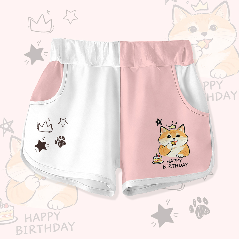 HAPPY zum Geburtstag! Niedliche Katzenkuchen-Grafik Modakawa Farben Block Shorts - White & Pink - 5XL - image 2