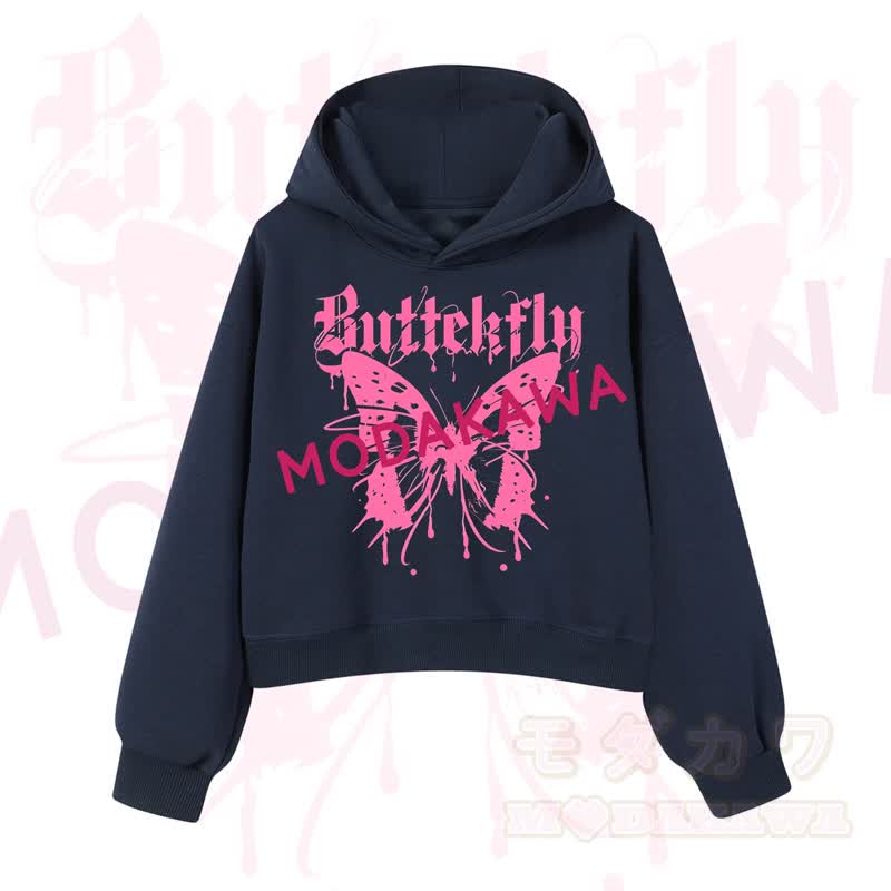 MODAKAWA Baumwoll-Hoodie mit Schmetterlingsmotiv (kurzer Schnitt) - Marineblau - 3XL - image 10