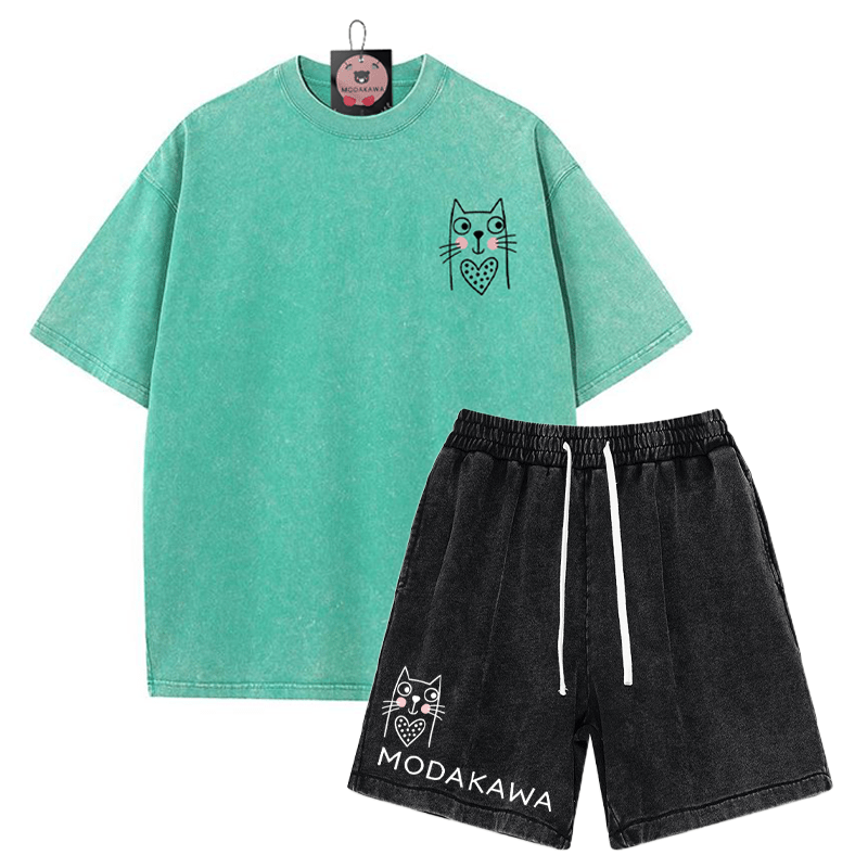 T-Shirt mit Kitty-Print, verwaschene Vintage-Shorts, zweiteiliges Set von MODAKAWA - Green&Black - 3XL - image 12
