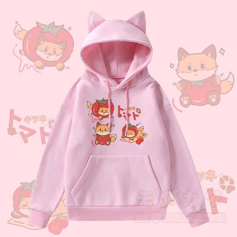 MODAKAWA Kapuzenpullover mit Katzenohren und Fleece-Futter, Tomatenfuchs-Grafik, Tasche  - Rosa - 2XL - image 3