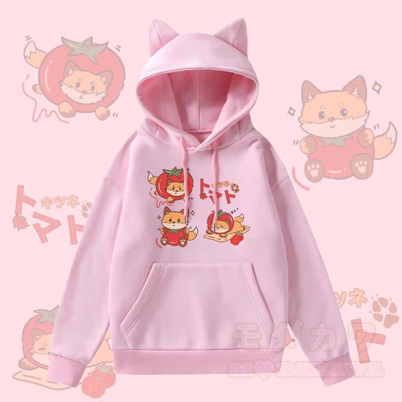 MODAKAWA Kapuzenpullover mit Katzenohren und Fleece-Futter, Tomatenfuchs-Grafik, Tasche  - Rosa - 2XL - image 3